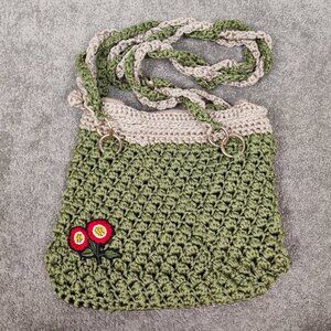 Women's Shoulder Bag Green Beige Handmade Knitted Flower Patchwork Boho Bohemian